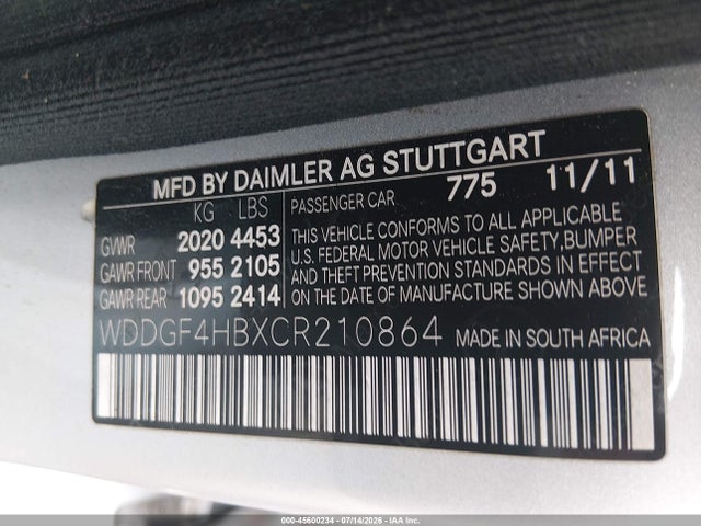 45600234 :رقم المزاد ، WDDGF4HBXCR210864 vin ، 2012 Mercedes-benz C 250 Sport مزاد بيع