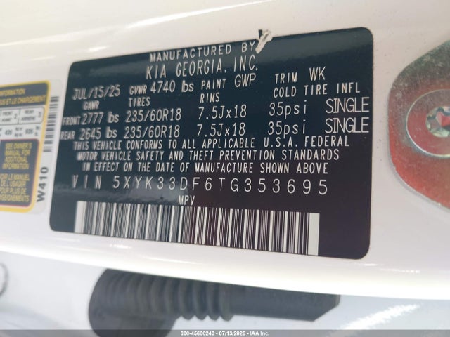 Продажа на аукционе авто 2026 Kia Sportage Ex, vin: 5XYK33DF6TG353695, номер лота: 45600240