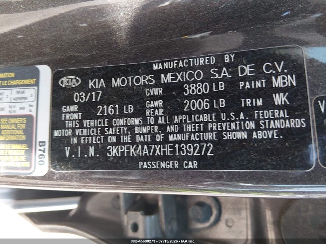 Aukcja sprzedaży 2017 Kia Forte Lx, vin: 3KPFK4A7XHE139272, numer aukcji: 45600273
