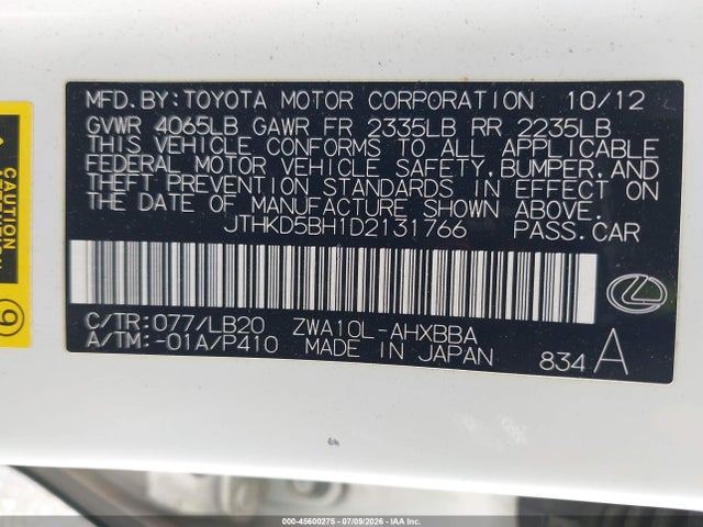45600275 :رقم المزاد ، JTHKD5BH1D2131766 vin ، 2013 Lexus Ct 200h مزاد بيع