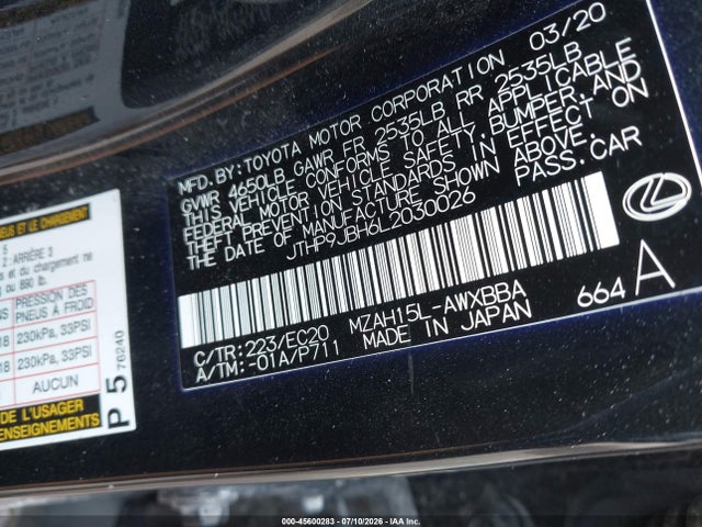 2020 Lexus Ux 250h მანქანა იყიდება აუქციონზე, vin: JTHP9JBH6L2030026, აუქციონის ნომერი: 45600283