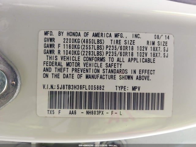 Auction sale of the 2015 Acura Rdx, vin: 5J8TB3H36FL005882, lot number: 45600290