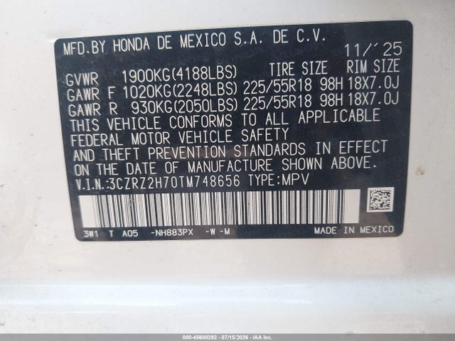 45600292 :رقم المزاد ، 3CZRZ2H70TM748656 vin ، 2026 Honda Hr-v Awd Ex-l مزاد بيع