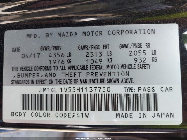 2017 Mazda Mazda6 Touring მანქანა იყიდება აუქციონზე, vin: JM1GL1V55H1137750, აუქციონის ნომერი: 45600298