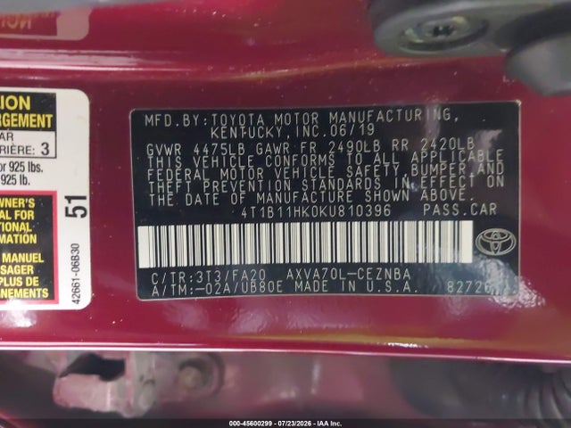 Aukcja sprzedaży 2019 Toyota Camry Le, vin: 4T1B11HK0KU810396, numer aukcji: 45600299