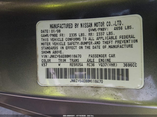 45600301 :رقم المزاد ، JNKCV64E88M118470 vin ، 2008 Infiniti G37 Journey مزاد بيع