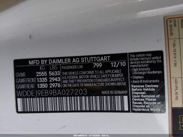 45600315 :رقم المزاد ، WDDEJ9EB9BA027203 vin ، 2011 Mercedes-benz Cl 550 4matic مزاد بيع