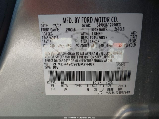 45600339 :رقم المزاد ، 2FMDK49C97BA74487 vin ، 2007 Ford Edge Sel Plus مزاد بيع