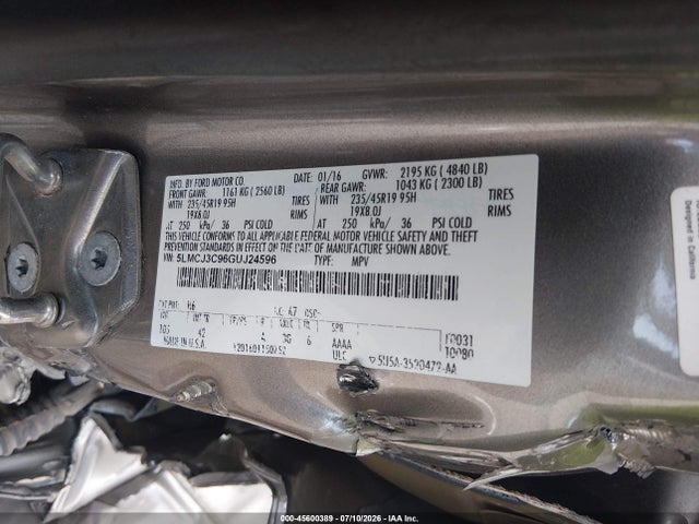 Продаж на аукціоні авто 2016 Lincoln Mkc Reserve, vin: 5LMCJ3C96GUJ24596, номер лоту: 45600389