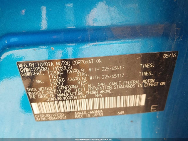 45600394 :رقم المزاد ، JTMRJREV0GD041454 vin ، 2016 Toyota Rav4 Hybrid Xle مزاد بيع