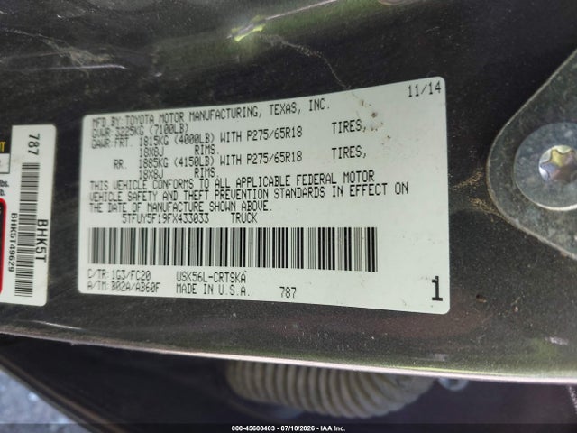 5TFUY5F19FX433033 Toyota Tundra Sr5 5.7l V8