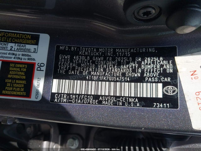 Aukcja sprzedaży 2016 Toyota Camry Le, vin: 4T1BF1FK7GU547514, numer aukcji: 45600405