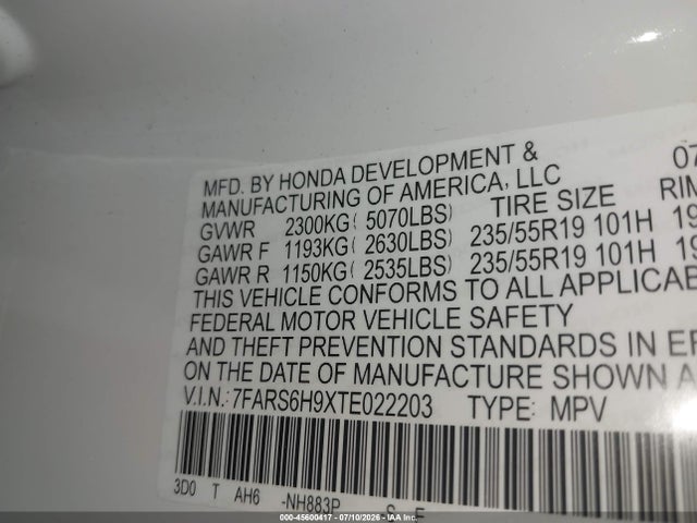 Продаж на аукціоні авто 2026 Honda Cr-v Hybrid Awd Sport Touring, vin: 7FARS6H9XTE022203, номер лоту: 45600417