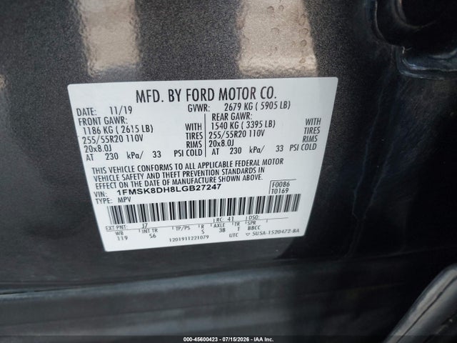 Aukcja sprzedaży 2020 Ford Explorer Xlt, vin: 1FMSK8DH8LGB27247, numer aukcji: 45600423