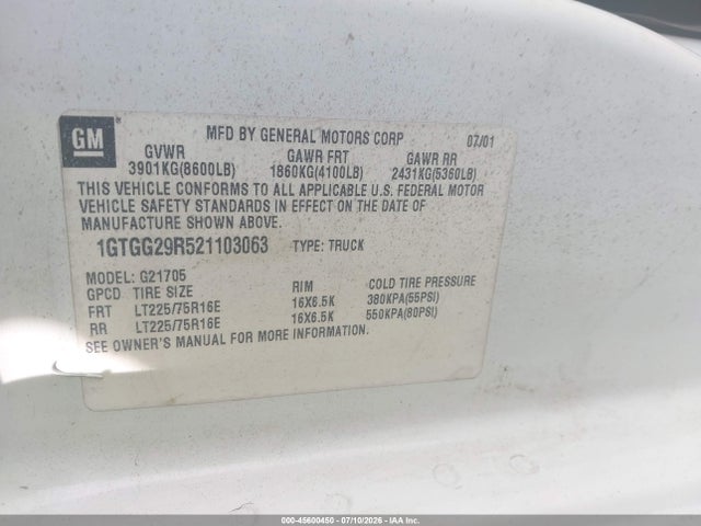 Продаж на аукціоні авто 2002 Gmc Savana Cargo Van Standard, vin: 1GTGG29R521103063, номер лоту: 45600450