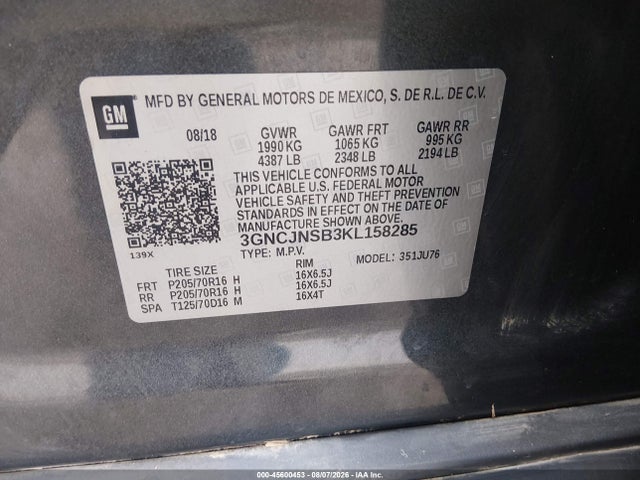 Продажа на аукционе авто 2019 Chevrolet Trax Ls, vin: 3GNCJNSB3KL158285, номер лота: 45600453