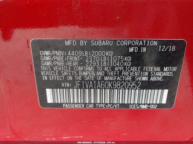 2019 Subaru Wrx მანქანა იყიდება აუქციონზე, vin: JF1VA1A60K9820952, აუქციონის ნომერი: 45600461