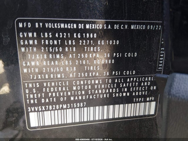 2023 Volkswagen Taos 1.5t Se მანქანა იყიდება აუქციონზე, vin: 3VVSX7B28PM315987, აუქციონის ნომერი: 45600466