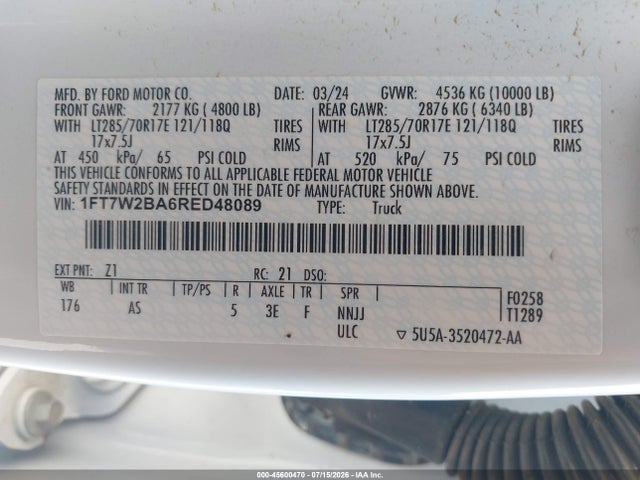 2024 Ford F-250 Xl/xlt მანქანა იყიდება აუქციონზე, vin: 1FT7W2BA6RED48089, აუქციონის ნომერი: 45600470