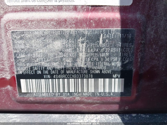 45600500 :رقم المزاد ، 4S4BRCCCXB3373078 vin ، 2011 Subaru Outback 2.5i Premium مزاد بيع