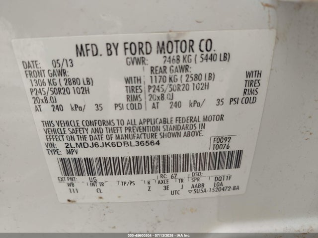 Aukcja sprzedaży 2013 Lincoln Mkx, vin: 2LMDJ6JK6DBL36564, numer aukcji: 45600504