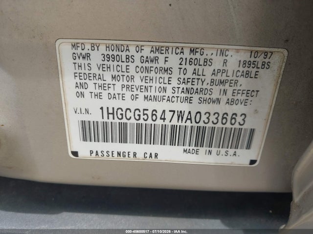 45600517 :رقم المزاد ، 1HGCG5647WA033663 vin ، 1998 Honda Accord Lx مزاد بيع