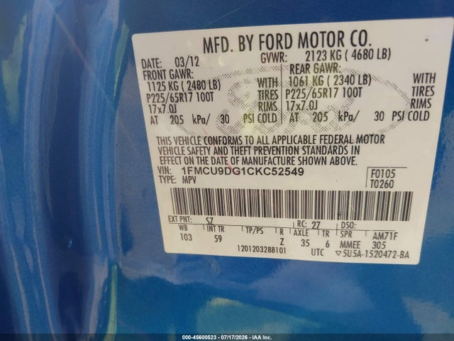 Продаж на аукціоні авто 2012 Ford Escape Xlt, vin: 1FMCU9DG1CKC52549, номер лоту: 45600523