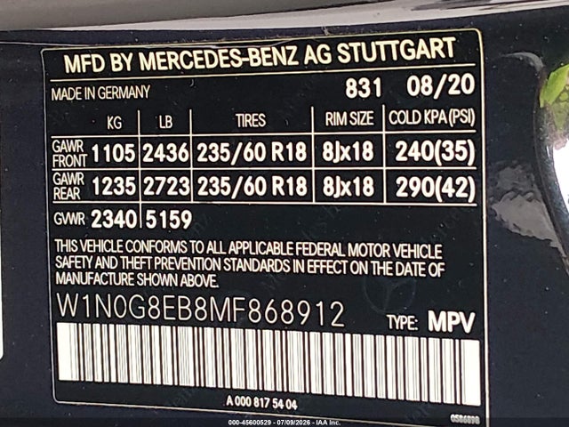 Aukcja sprzedaży 2021 Mercedes-benz Glc 300 4matic Suv, vin: W1N0G8EB8MF868912, numer aukcji: 45600529