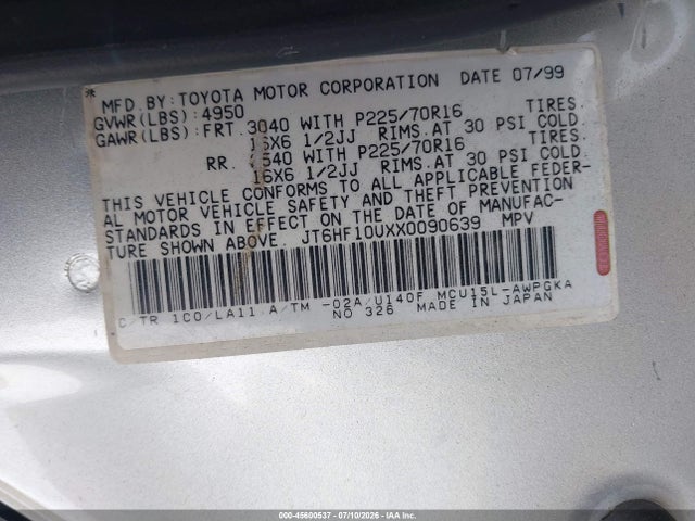 45600537 :رقم المزاد ، JT6HF10UXX0090639 vin ، 1999 Lexus Rx 300 مزاد بيع