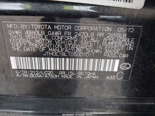 Aukcja sprzedaży 2013 Lexus Gs 350, vin: JTHCE1BL1D5007011, numer aukcji: 45600539