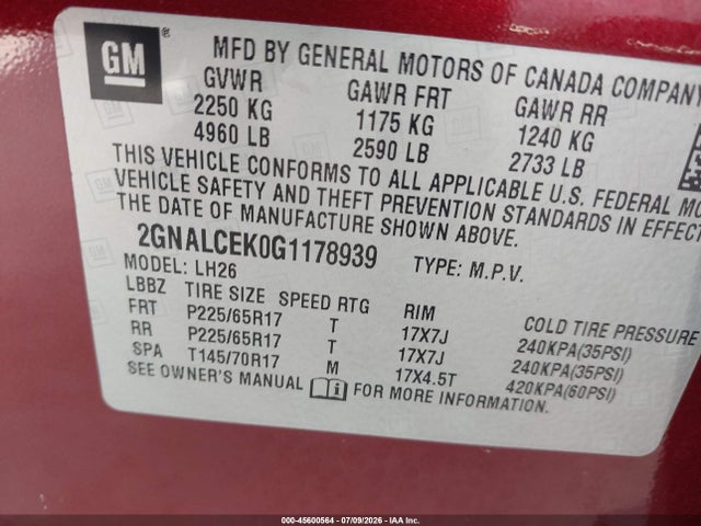 2016 Chevrolet Equinox Lt მანქანა იყიდება აუქციონზე, vin: 2GNALCEK0G1178939, აუქციონის ნომერი: 45600564
