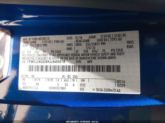 Ford ESCAPE SE 2019 1FMCU9GD8KUA80878 Image 9