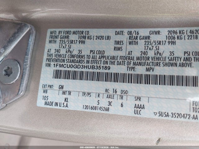 Ford ESCAPE SE 2017 1FMCU0GD3HUB35189 Image 9