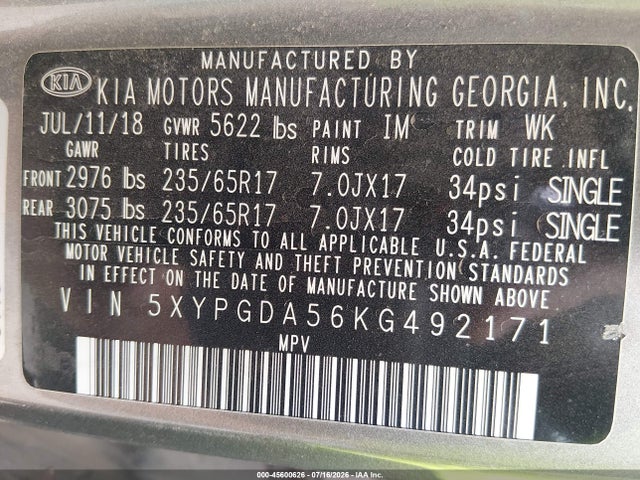 Aukcja sprzedaży 2019 Kia Sorento 3.3l Lx, vin: 5XYPGDA56KG492171, numer aukcji: 45600626
