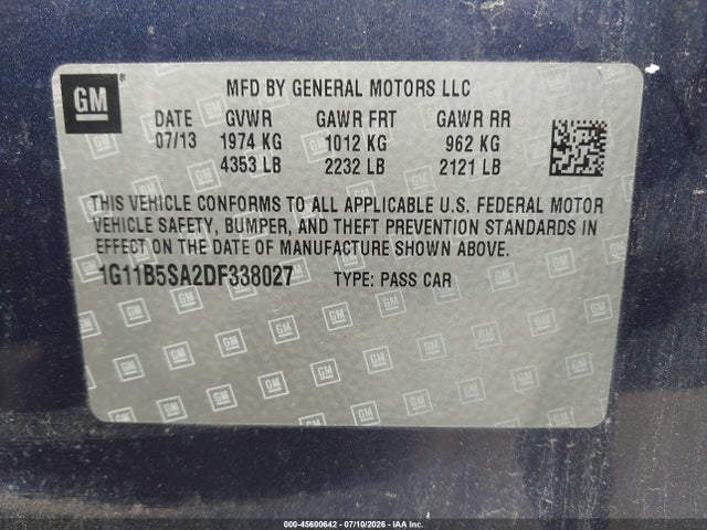 45600642 :رقم المزاد ، 1G11B5SA2DF338027 vin ، 2013 Chevrolet Malibu 1ls مزاد بيع