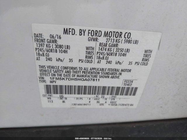 1FM5K7DH5HGA07811 Ford EXPLORER XLT