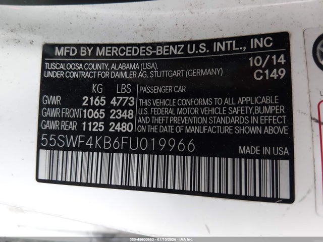 Продажа на аукционе авто 2015 Mercedes-benz C 300 4matic, vin: 55SWF4KB6FU019966, номер лота: 45600663
