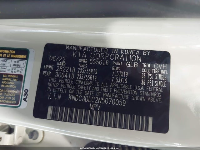 Продажа на аукционе авто 2022 Kia Ev6 Wind, vin: KNDC3DLC2N5070059, номер лота: 45600664