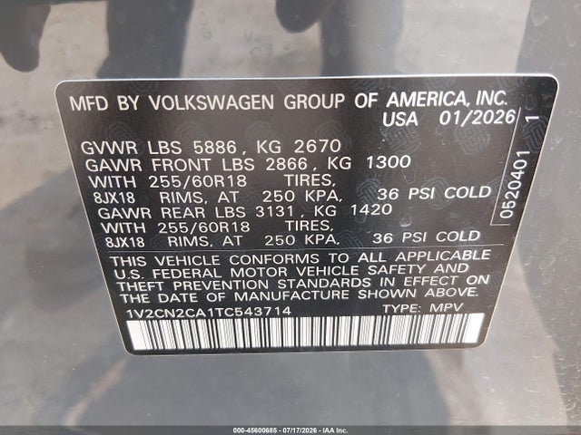 45600685 :رقم المزاد ، 1V2CN2CA1TC543714 vin ، 2026 Volkswagen Atlas Peak Edition مزاد بيع