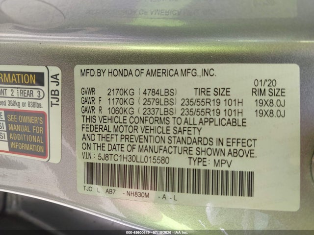Aukcja sprzedaży 2020 Acura Rdx Standard, vin: 5J8TC1H30LL015580, numer aukcji: 45600689