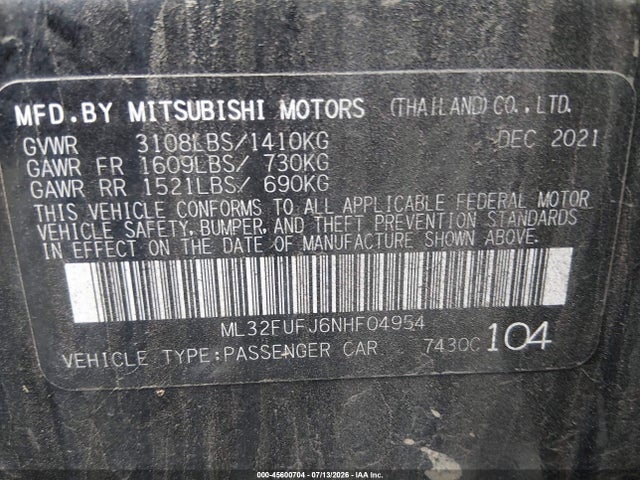 Aukcja sprzedaży 2022 Mitsubishi Mirage G4 Black Edition, vin: ML32FUFJ6NHF04954, numer aukcji: 45600704