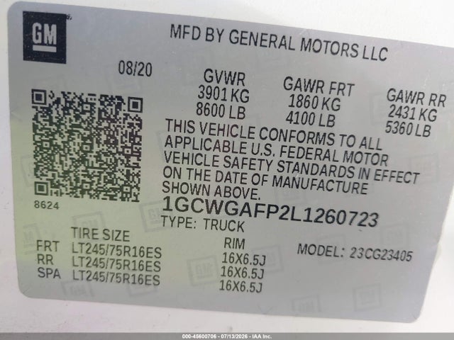 1GCWGAFP2L1260723 Chevrolet Express Cargo Rwd 2500 Regular Wheelbase Wt