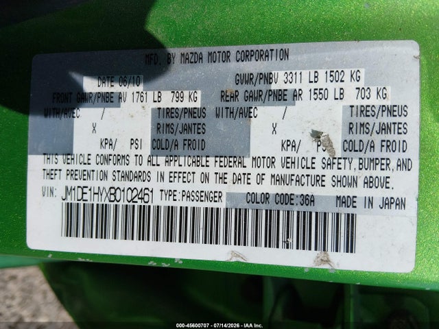 Aukcja sprzedaży 2011 Mazda Mazda2 Touring, vin: JM1DE1HYXB0102461, numer aukcji: 45600707