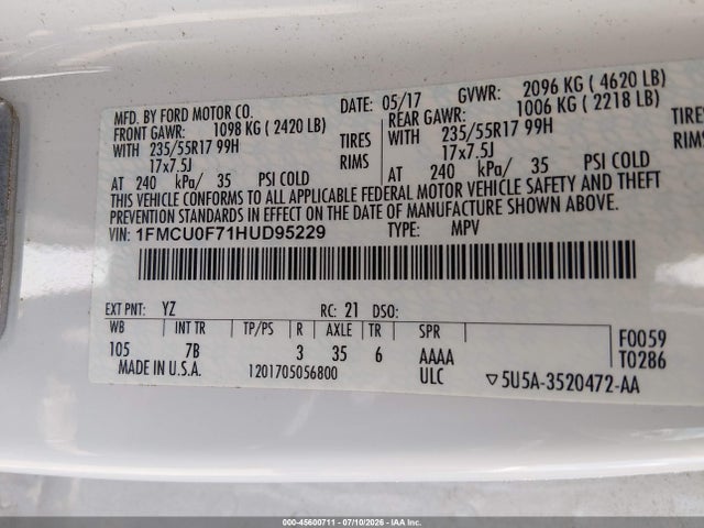 45600711 :رقم المزاد ، 1FMCU0F71HUD95229 vin ، 2017 Ford Escape S مزاد بيع