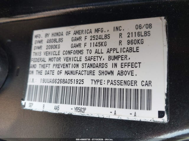 Auction sale of the 2008 Acura Tl 3.2, vin: 19UUA66268A051925, lot number: 45600738