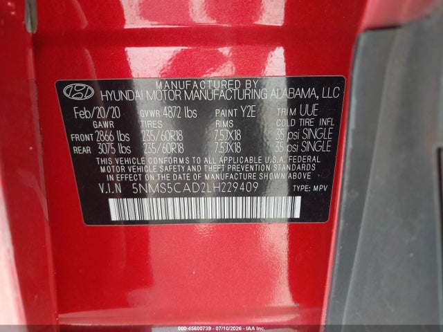 2020 Hyundai Santa Fe Limited მანქანა იყიდება აუქციონზე, vin: 5NMS5CAD2LH229409, აუქციონის ნომერი: 45600739