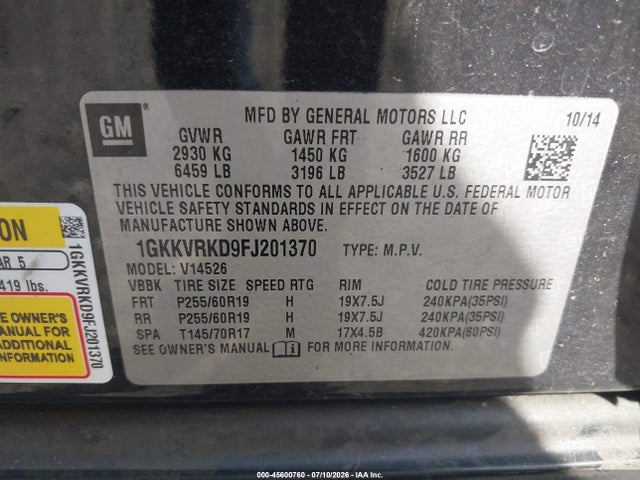 Aukcja sprzedaży 2015 Gmc Acadia Slt-1, vin: 1GKKVRKD9FJ201370, numer aukcji: 45600760