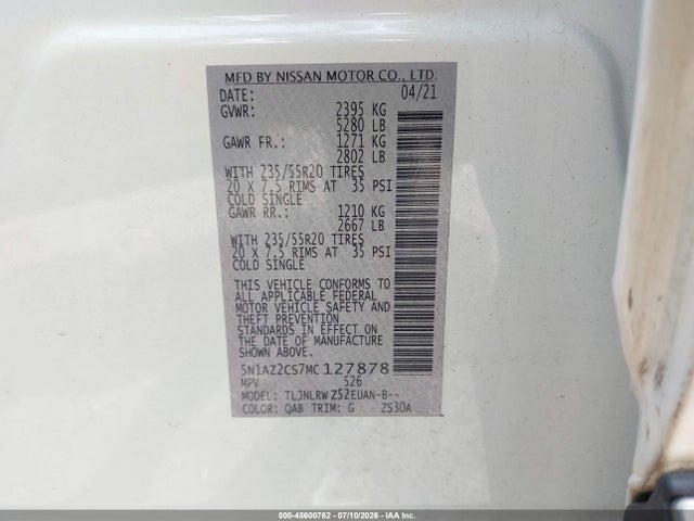 Продажа на аукционе авто 2021 Nissan Murano Sl Intelligent Awd, vin: 5N1AZ2CS7MC127878, номер лота: 45600762