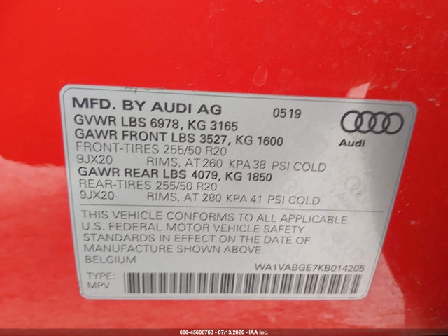 2019 Audi E-tron Premium Plus მანქანა იყიდება აუქციონზე, vin: WA1VABGE7KB014205, აუქციონის ნომერი: 45600763