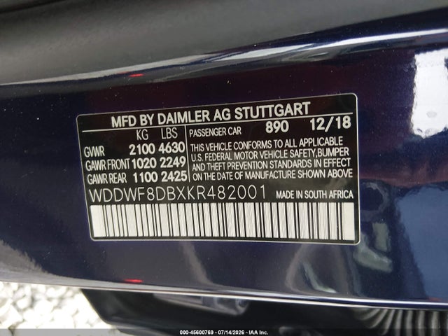 Aukcja sprzedaży 2019 Mercedes-benz C 300, vin: WDDWF8DBXKR482001, numer aukcji: 45600769